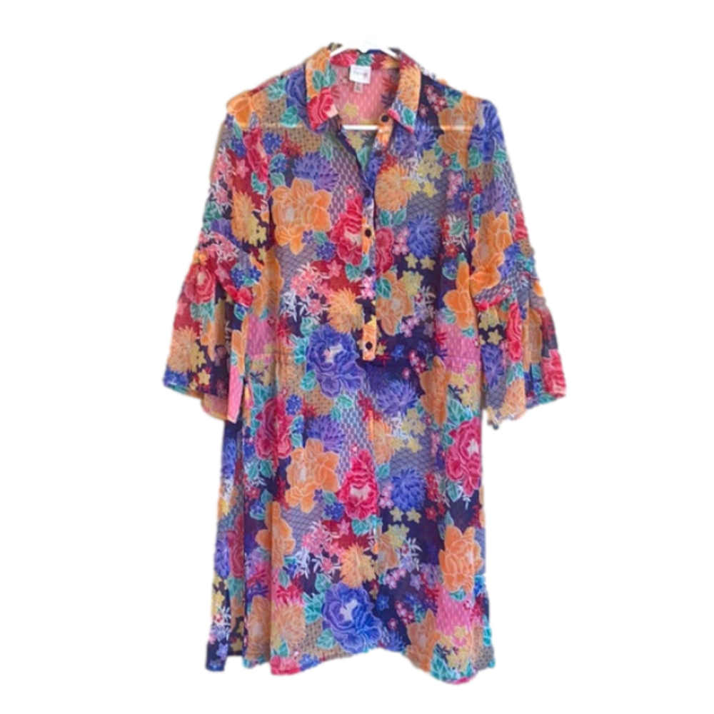 CUPIO Floral Print Sheer Cover Up Cinch Waist Tunic Top Blouse